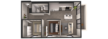 a 3d rendering of a bedroom with a bathroom and a wardrobe