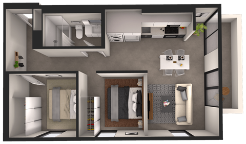 a 3d rendering of a bedroom with a bathroom and a wardrobe