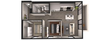 A 3D floor plan of a small apartment with a kitchen, living room, and bathroom.