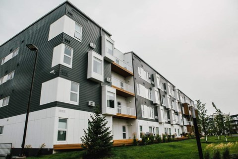a row of apartment buildings with green grass