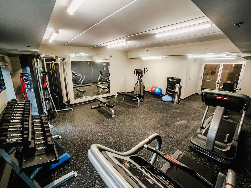 a gym with treadmills and other exercise equipment in a home gym