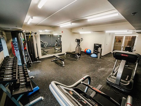 a gym with treadmills and other exercise equipment in a home gym