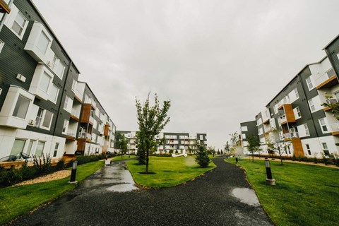 a pathway between modern apartment buildings with green grass and trees