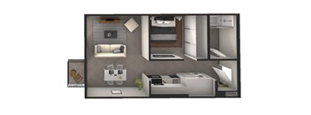 A floor plan of a small apartment with a kitchen, living room, and bathroom.