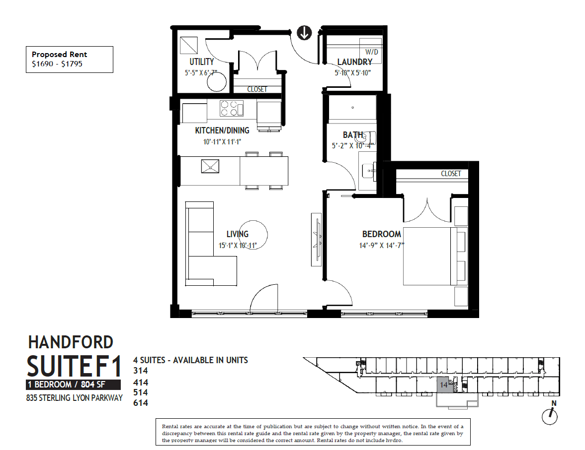A floor plan for Handford Suite 1 shows a bedroom, bathroom, laundry, and kitchen/dining area.