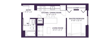a floor plan of a kitchen and dining room with a living room and a bedroom