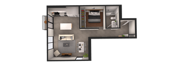 A 3D floor plan of a small apartment with a bedroom, living room, and kitchen.