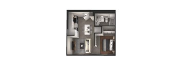 A top down view of a small apartment with a kitchen, living room, and bedroom.