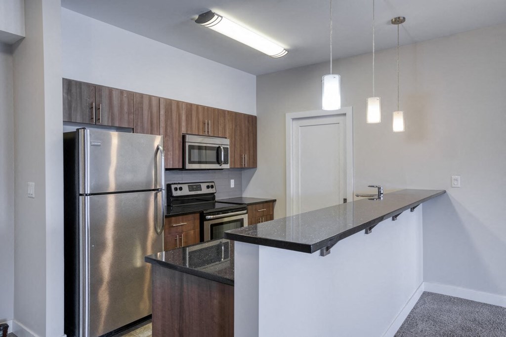 a kitchen with stainless steel appliances and a counter top