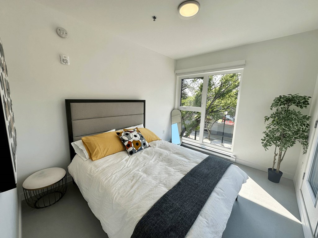 A bedroom with a large bed and a window overlooking a tree.