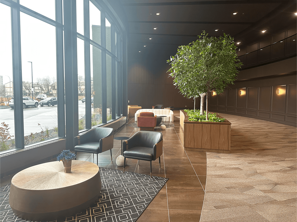 A tree in a planter stands in a hallway with a couch and chairs.