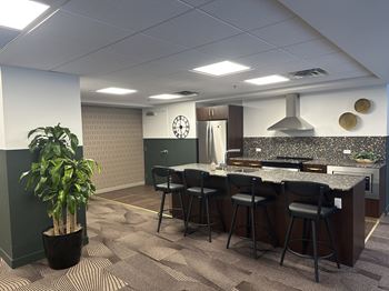 A kitchen area with a bar stool and a potted plant.