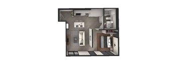 A 3D image of a modern bathroom with a toilet, sink, and mirror.