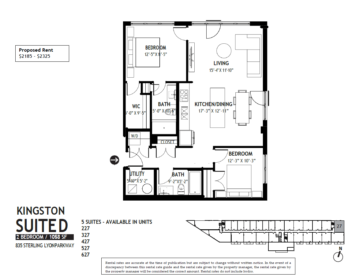 A floor plan for a Kingston Suited apartment shows a living area, a kitchen/dining area, and two bedrooms.