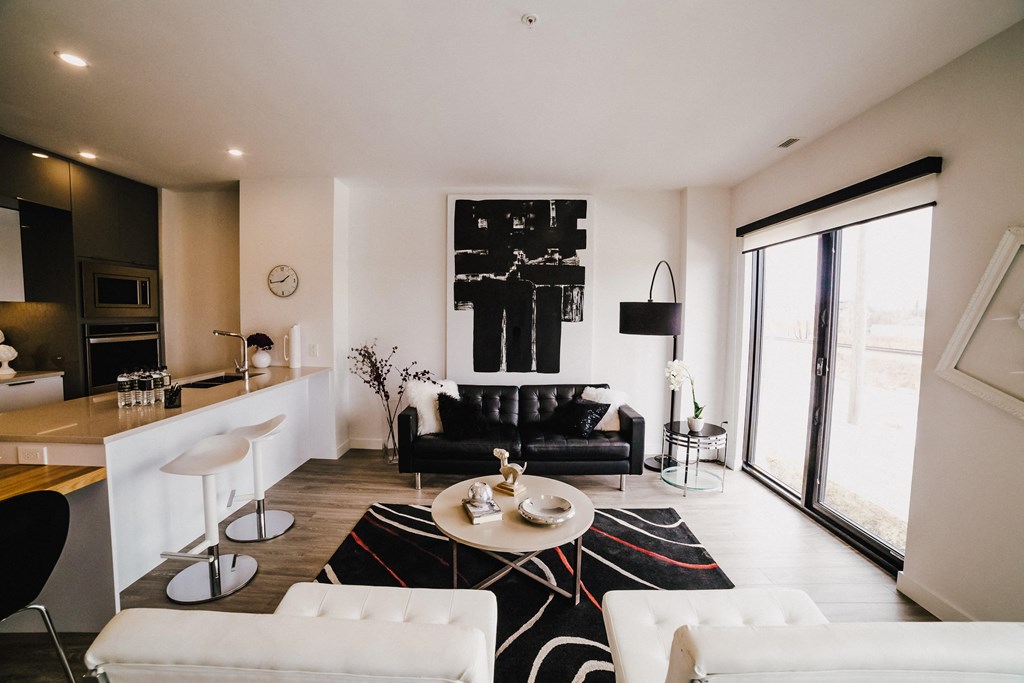 a living room and kitchen with white furniture and a black and white rug