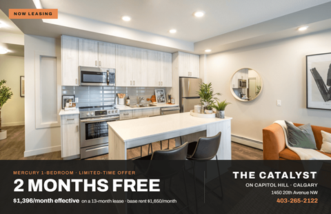 A modern kitchen with a dining table and chairs is on display for a lease.
