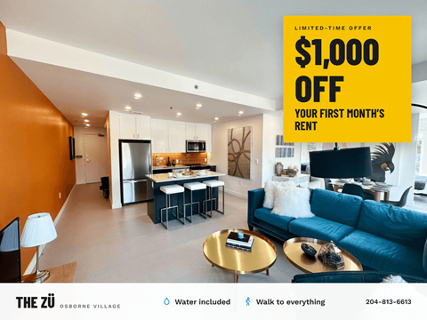 A modern living room with a $1,000 off first month's rent offer.