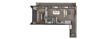 A floor plan of a small apartment with a kitchen, living room, and bathroom.