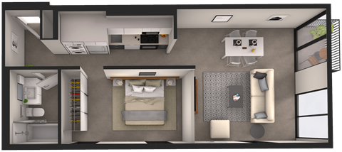 a floor plan of a bedroom with a bathroom and a living room