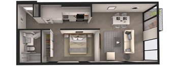 A 3D rendered image of a small apartment with a bedroom, living room, and kitchen.