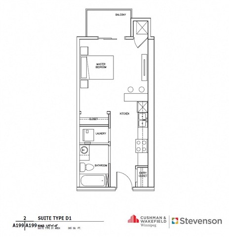 A floor plan of a suite type D1 shows a master bedroom, a kitchen, a laundry area, and a bathroom.