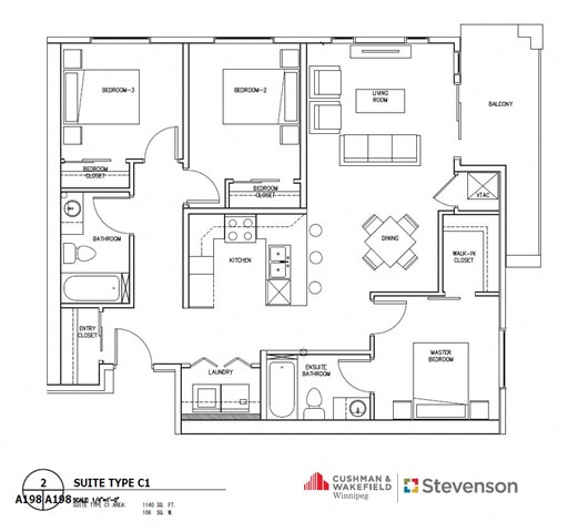 A floor plan for a suite type C1 shows the layout of rooms including a living room, kitchen, and three bedrooms.