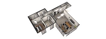 A 3D floor plan of a house with a kitchen, living room, and two bedrooms.