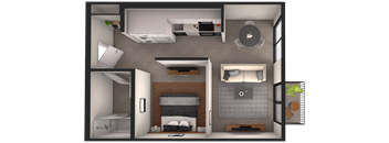 a 3d rendering of a bedroom with a bed and a bathroom