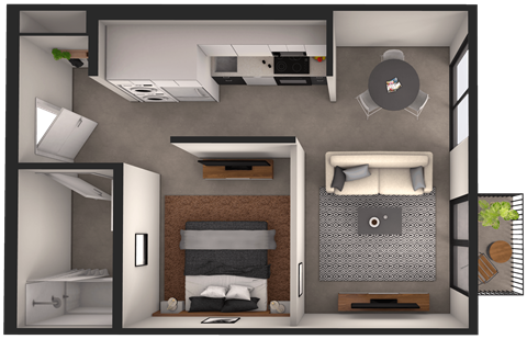 a 3d rendering of a bedroom with a bed and a bathroom