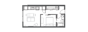 A black and white floor plan of a house with a kitchen, living room, and bathroom.