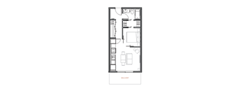 A floor plan of a small apartment with a kitchen, living room, and bathroom.