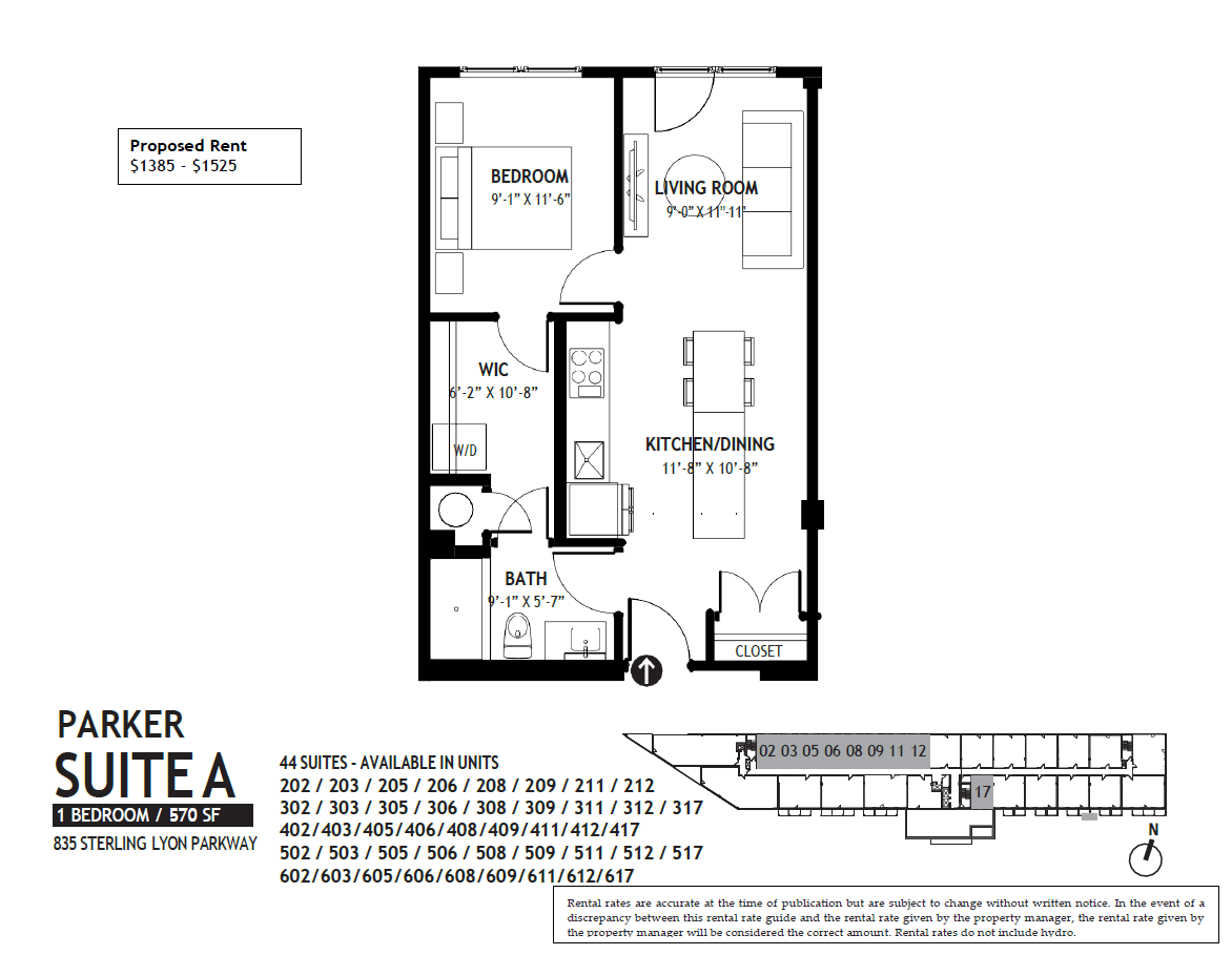A floor plan for a rental property at Parker Suite A shows a bedroom, living room, kitchen, and bathroom.