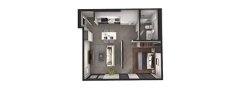 A 3D floor plan of a small apartment with a kitchen, living room, and bathroom.