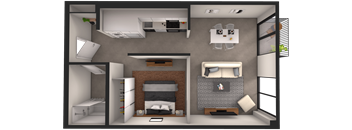 a 3d rendering of a bedroom with a bathroom and a living room