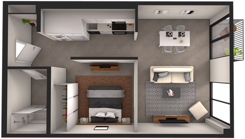 a 3d rendering of a bedroom with a bathroom and a living room