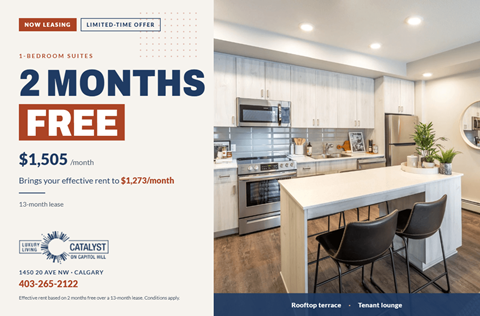 A kitchen leasing offer with a free 2 months and a discounted rate of $1,505 per month.