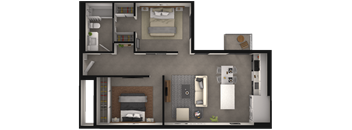 a 3d rendering of a bedroom and bathroom floor plan of a house