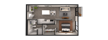 a floor plan of a bedroom with a bathroom and a bed