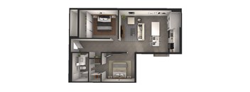 A 3D floor plan of a small apartment with a kitchen, living room, and bathroom.