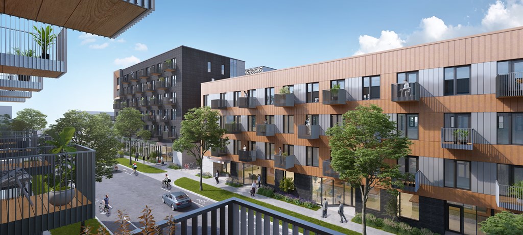 a rendering of a city street with buildings and trees