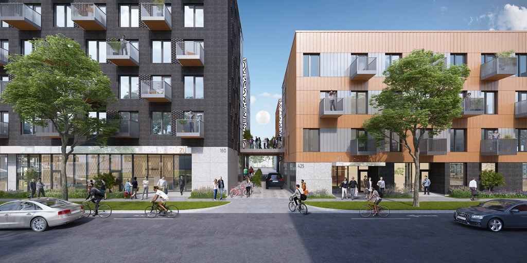 a rendering of a city street with people walking and biking