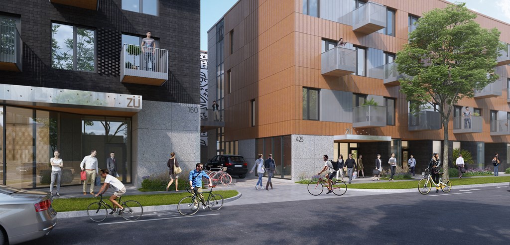 a rendering of people walking and biking on a city street