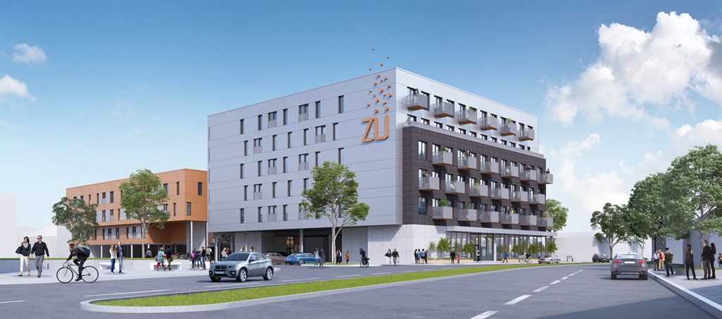a rendering of a large building with a street in front of it