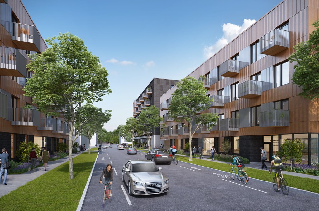 a rendering of a city street with cars and bicyclists