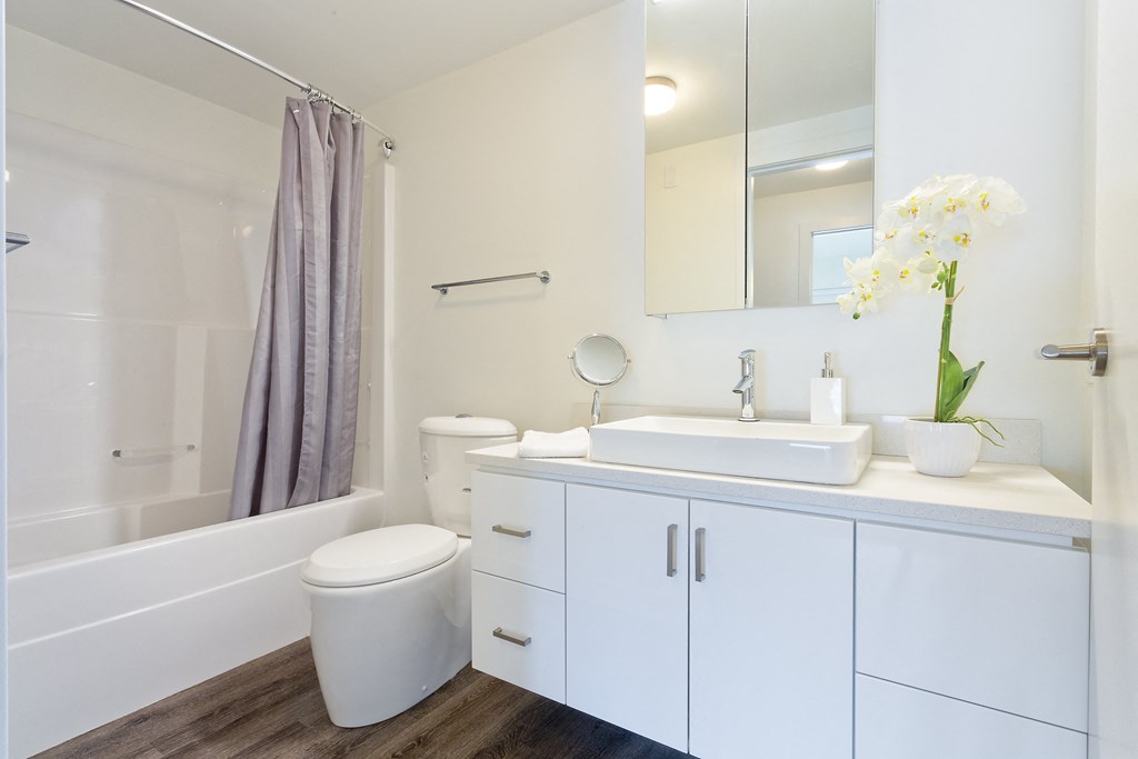 a bathroom with white cabinetry and a white toilet next to a white bathtub