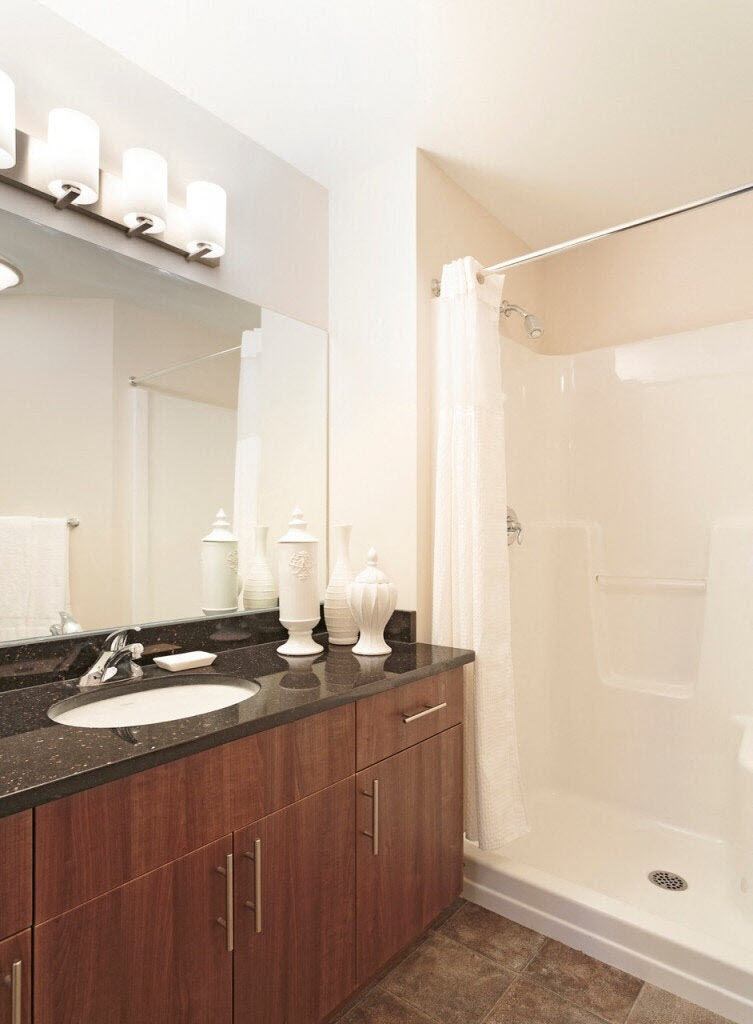 a bathroom with a sink and a shower and a mirror