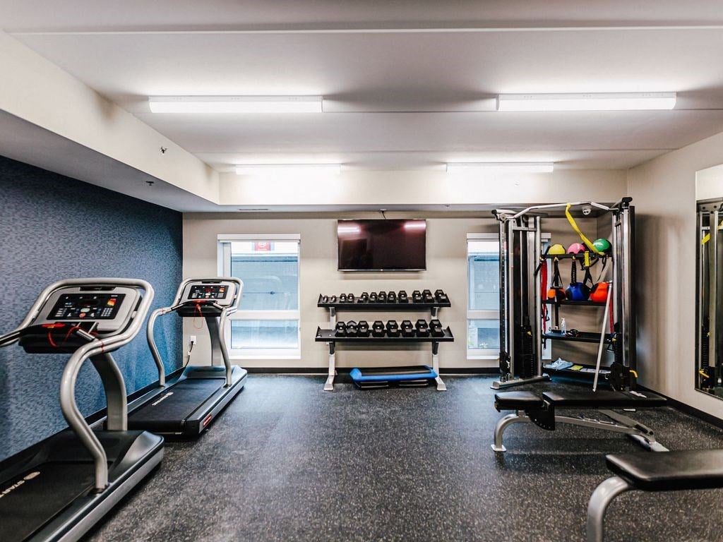 the gym has plenty of equipment and a tv