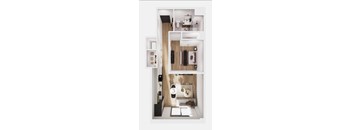 A modern, minimalist interior design showcasing a living area, kitchen, and bathroom.