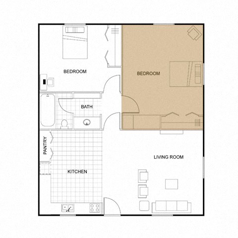 A floor plan of a house with two bedrooms, a living room, a kitchen, and a pantry.