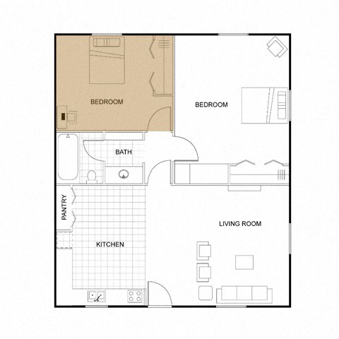 A floor plan of a house with two bedrooms, a living room, a kitchen, a bath, and a pantry.